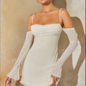 Oh Polly Long Sleeve Bardot Mini Dress in Stone